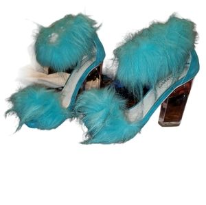 Jeffrey Campbell Suede/Faux Fur/Lucite clear heels sandals 6.5 w box